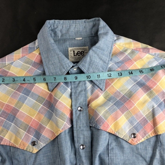 Vintage 70s 80s Lee Western Made in USA Chambray Pearl Snap VTG Shirt Size Large - Picture 9 of 10
